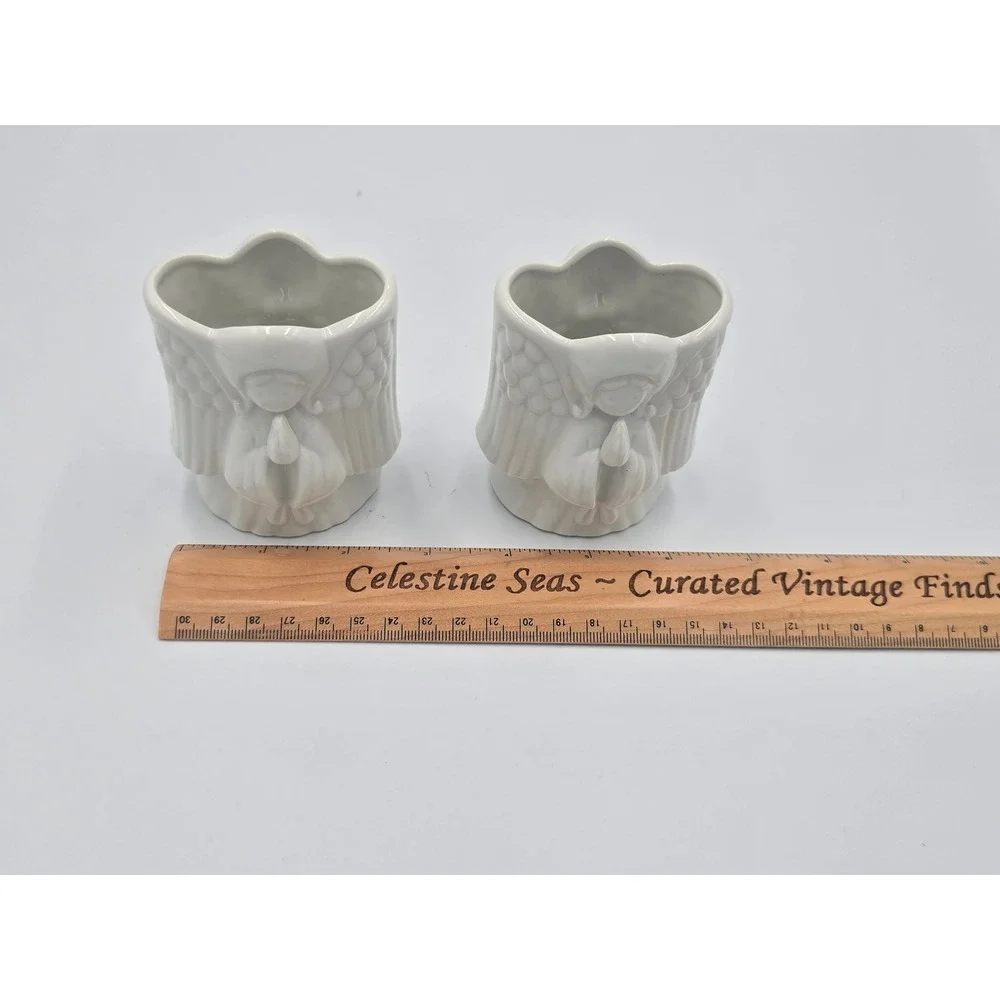 Vintage Neiman Marcus White Porcelain Praying Angel Vases Candle Holders Pair